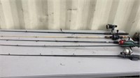 5 fishing rods with reels Berkeley, tebco,