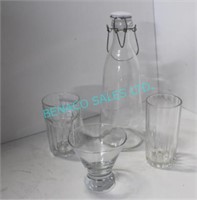 LOT, SHELF OF MISC BOTTLES, GLASSES+BOWLS (54PCS)