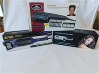 3 hair items, dryer, heated brush, hair trimmer.