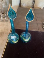 2- blue vases- gold rimmed- flowers