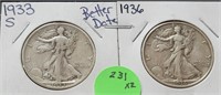 2XBID, 1933-S &1936 WALKING LIBERTY HALF DOLLARS