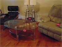 Two glass coffee tables and two metal lamps