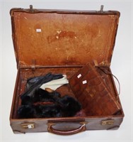 Vintage leather luggage case & contents