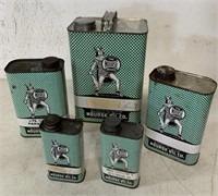 5 Nourse Oil Company tins; 1/2 pints, qts & 1 gal.