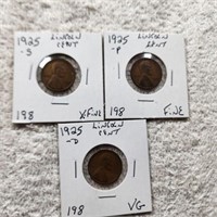 1925P F,1925D VG,1925S XF Lincoln Cents