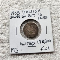 Danish Silver 50 Bit 10 Cents Mintage 175,000 Fine