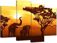 Ihappywall 4 Panel African Elephant Family Canvas