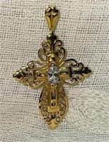 Ornate Filigree Gold Tone Cross Pendant, Clear