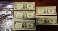 5 1957 B one dollar silver certificates