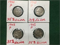 4- 1943 Jefferson Nickels, 35% Silver