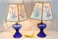 Pair Vtg. Cobalt Glass W/Botanical Shades Lamps
