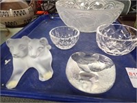 CUT GLASS BOWLS, LALIQUE CATS, PAPERWEIGHT