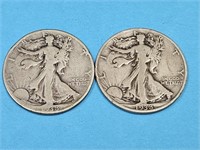 2-1938 D US Walking Liberty Half $ Silver Coins