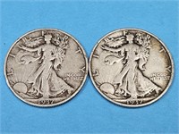2-1937 S US Walking Liberty Half $ Silver Coins