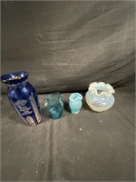 4 pieces of glassware - small blue pitcher,