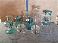 CLEAR & GREEN FRUIT JARS W/ GLASS LIDS