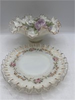 Vintage painted ruffle glass bowl and plate