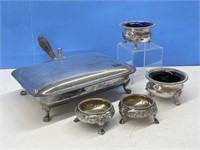 4 Silverplate Dishes, 2 with Cobalt Blue Glass