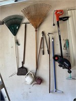 Lot of outdoor Yard Tools, Rakes Watering Cans,