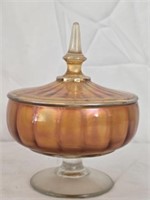 Orange Carnival Glass Candy Dish with Lid