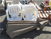 (9) Plastic Chairs & Patio Umbrella