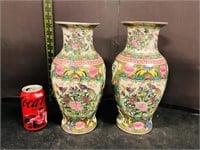 Mid Century Famille Rose Chinoiserie Floor Vase X2