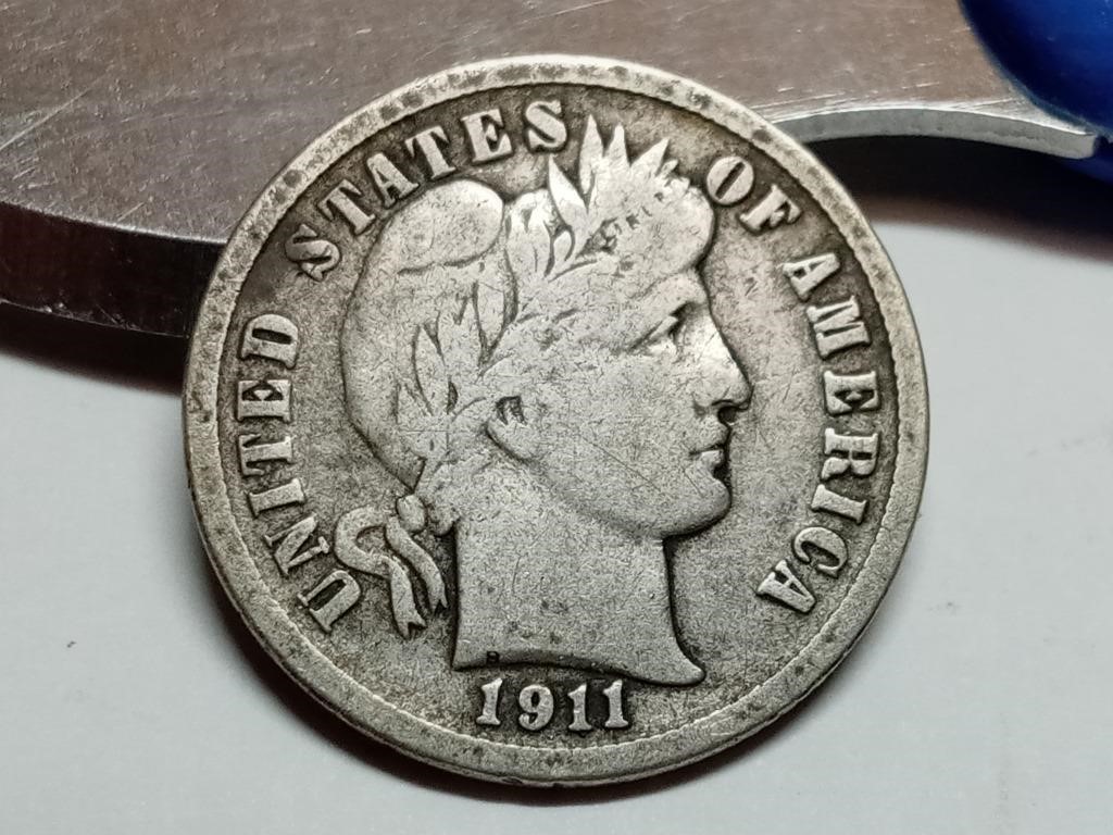 OF) 1911 D partial Liberty silver Barber dime