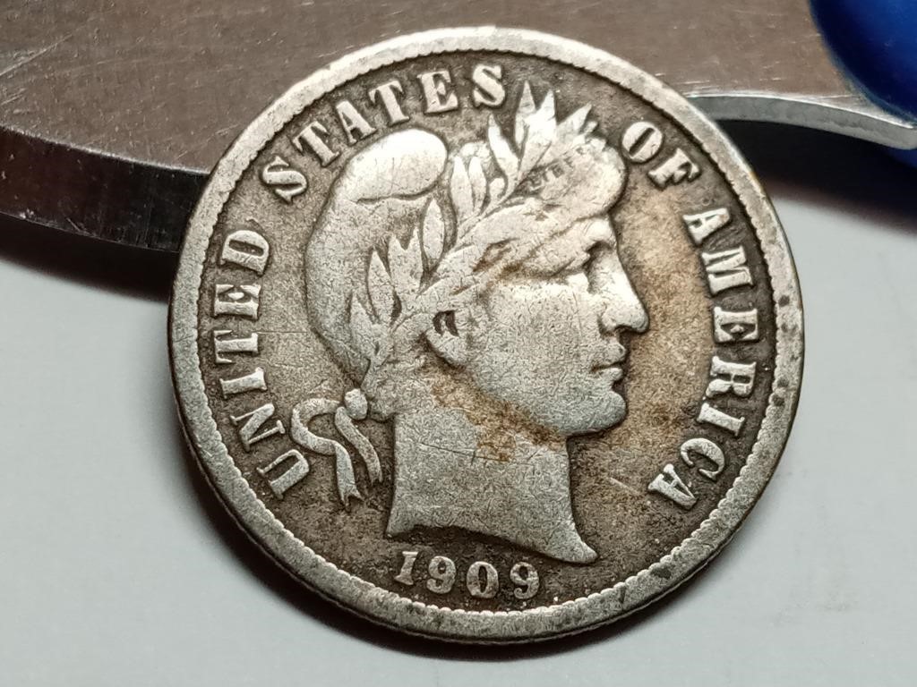 OF) 1909 full Liberty silver Barber dime