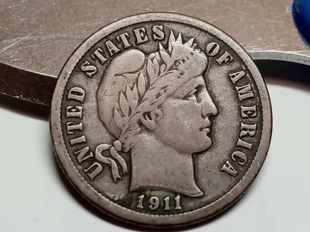 OF) 1911 full liberty silver Barber dime