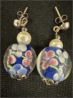 Unusual glass Millefiore bead and pearl earrings