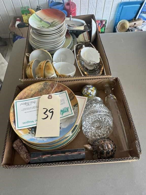2 Boxes Misc. Decor Plates, Cups, Paperweights