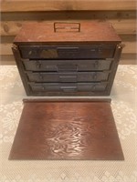 PRIMITIVE WOOD CASE WITH 4 METAL DRAWERS