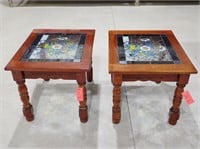 Pair of Wooden End Tables with Painted Glass