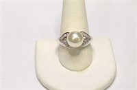 Rhodium Plated Sterling Pearl Diamond Accent Ring