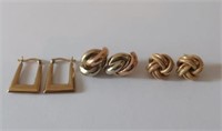Three pairs 9ct gold modern earrings