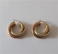 Pair 9ct tri colour gold hoop earrings