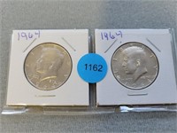 2-1964 Kennedy halves. Buyer must confirm all curr