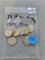 12 Mercury dimes, 1937-1944. Buyer must confirm al