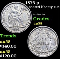 1876-p Seated Liberty Dime 10c Grades Choice AU/BU