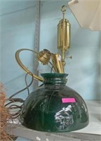 Brass Hurricane Lamp with Green Overlay Shade
