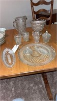 Assorted cut glass items, pitcher, compote,