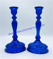 Pair of Cobalt Blue Glass Candlesticks