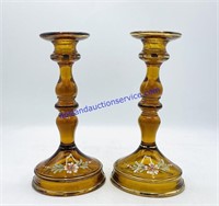 Set of Amber Glass Painted Candlesticks