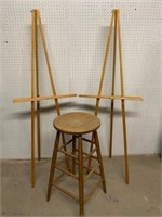 Two Adjustable Floor Easels and One Stool