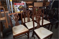 Six Wood Fabric Chairs. Two w/Arms. Stains as