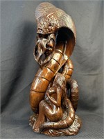 Wood Carved Cobra and Woman Sculpture