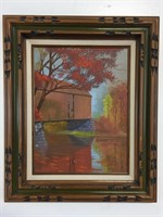 Vintage Original Covered Bridge Painting