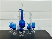 Italian blue cobalt glass decanter & 5 glasses