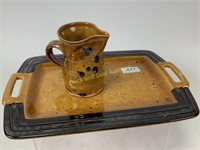 Pottery tray & creamer with signature