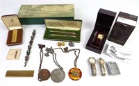 VINTAGE TRINKET LOT- WATCH, PENS, JEWELRY & MORE